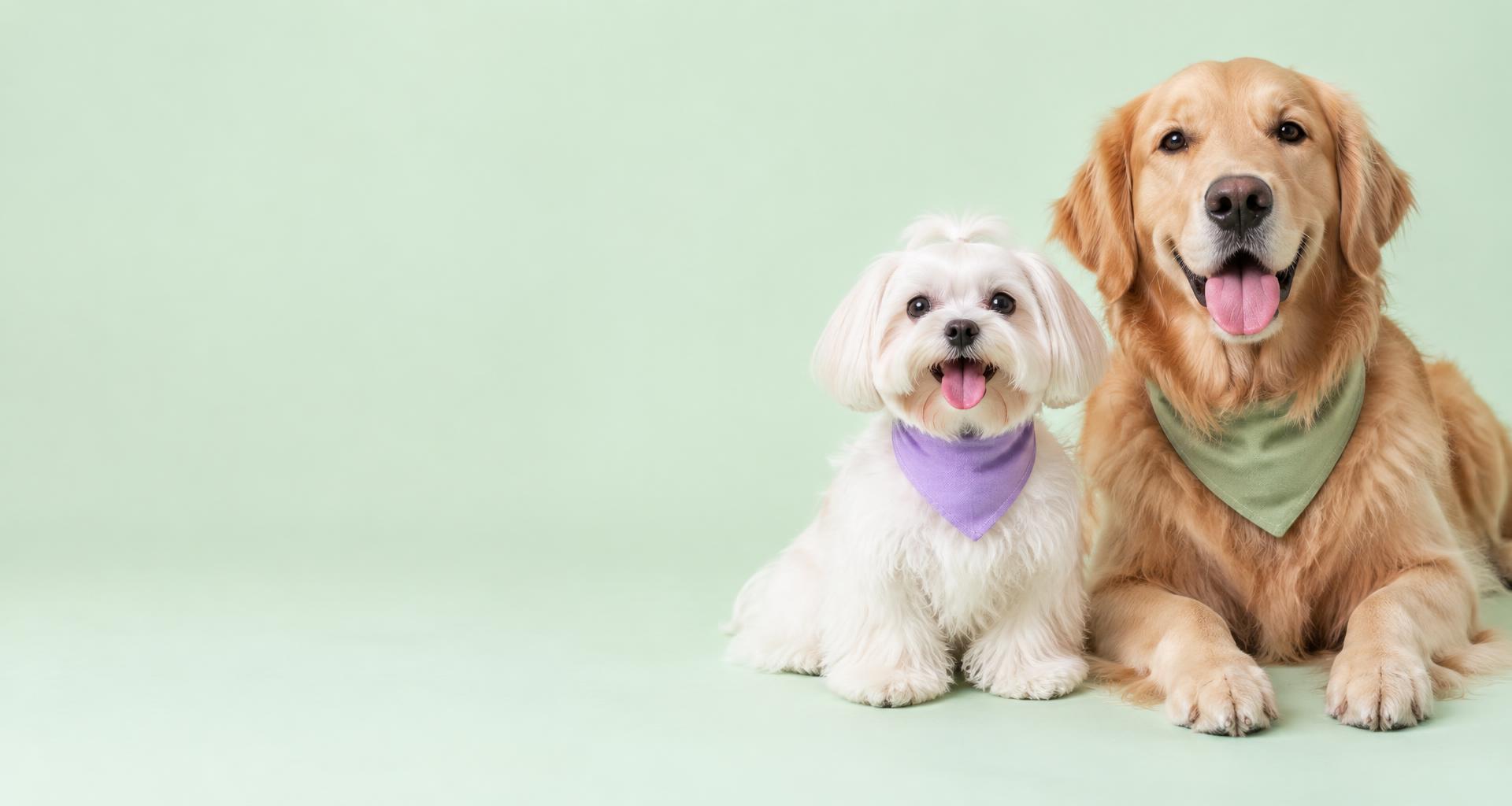 Dois cães felizes com bandanas após seus cuidados